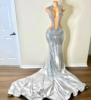 Ver Sexy Através de Prata Sereia de Longos Vestidos de Baile 2023 Luxo Frisado Cristais Mulheres de Noite Formal, Vestidos para Festa de Formatura