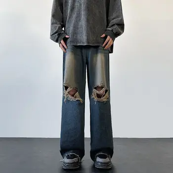 2024 Primavera Novo dos Homens de Moda Vintage Escuro Angustiado Jeans Americano High Street Solta a Perna Reta Calças