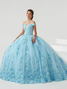 Céu Azul Vestidos De Quinceanera Vestido De Bola Fora Do Ombro Em Tule Apliques Frisados Mexicano Sweet 16 Dresses 15 Anos