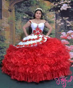Vermelho Charro Vestidos De Quinceanera Ball Gown Sweetheart Babados, Apliques Puffy Mexicano Sweet 16 Dresses 15 Anos