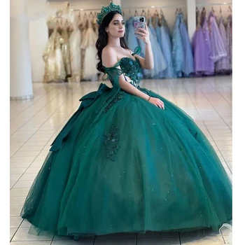 Verde Esmeralda Fora Do Ombro Vestidos De Quinceanera 2024 Bordado Frisado Princesa Vestido De Baile Vestidos De 15 Quinceañera Personalizado