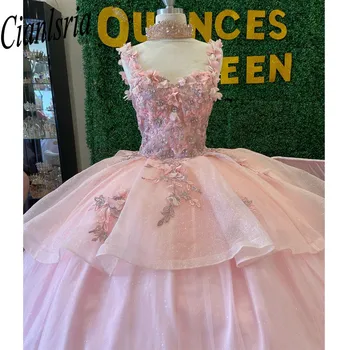 Cor-de-rosa Vestidos de Quinceanera Bola Vestido Off Ombro Puffy Sweet 16 Vestido 3D Rose Flores de Festa de Celebridades Vestidos de Formatura