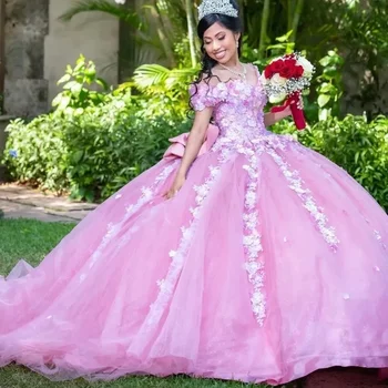 Mexicano-de-Rosa 2024 Vestidos de Quinceanera 3D Floral Apliques de Flores Fora do Ombro Sweet 16 de Festa Vestidos de Vestido De 15 Quinceañera