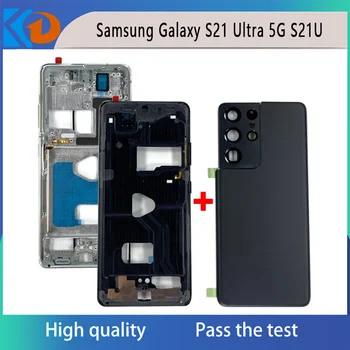 Bateria Tampa Traseira Porta Traseira Carcaça Caso Adesivo Para Samsung Galaxy S21 Ultra 5G S21U +LCD Meio Moldura Moldura Com Câmera Traseira
