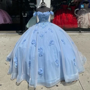 Ashely Alsa Luz Azul Prom Vestidos de Doce, de 16 Anos, Meninas de Ombro 3D Floral Lace Up Ball Gown Vestido Quinceanera Vestido De 15