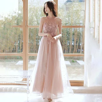 POMUSE Coreia Halter Elegantes Vestidos de Baile Apliques de Lantejoulas do Tornozelo-Comprimento de Dobra de Vestidos de Noite robe de soirée de mariage