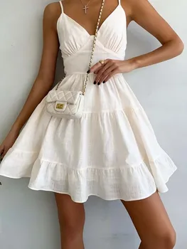 Elegante Funda Vestido de Mulher Sexy V-pescoço Mini Vestido de Verão, Moda Branca sem Mangas, Vestido de Uma linha Senhora Vintage Plissado Colete Sundress