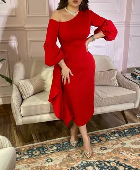 Elegante Curto Vermelho Vestidos Com Babados Sereia Manga Longa Comprimento de Chá حزب اللباس Vestidos de Noite Vestidos de Baile para as Mulheres