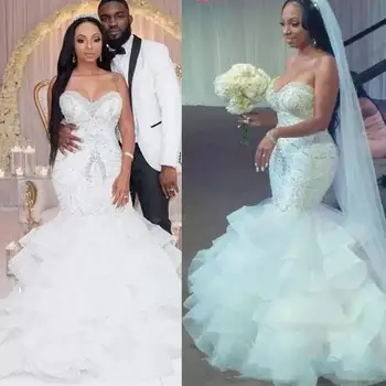 Sereia Sexy Vestidos De Noiva Querida Cristal Pérolas Bordados De Contas De Babados Em Camadas Nigeriano Vestidos De Noiva