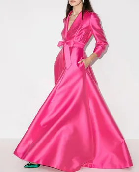 Elegante cor-de-Rosa com decote em V Vestido de Noite comprido Mangas 3/4 Arco Faixa Vestido Festa Formal Celebridade Estilo de Vestes De Soirée Vestidos 2022