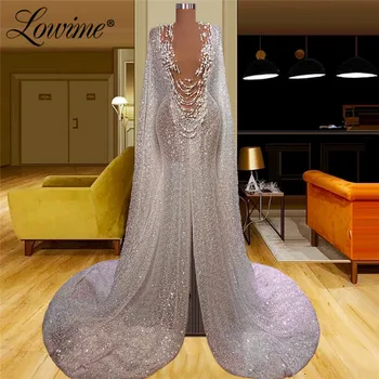 Lowime Dubai Design Brilhante Sequin V Profundo Decote Vestido De Noite 2022 Personalizado Sereia Cabo Mangas Pérolas Beaded Vestido De Festa De Formatura