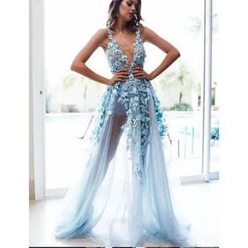 Azul Sexy Longo de Tule Vestidos de Baile 2023 Nova Chegada Sexy decote em V Flor Especial Ocasião Vestidos de Noite Feito