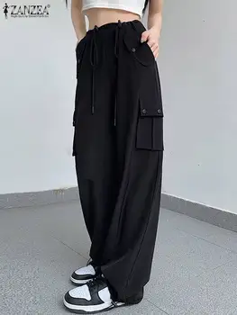 ZANZEA coreano Moda de Perna Larga Calças compridas Mulheres Cordão Calças 2023 Outono Sólido Fundos Vintage Bolso Carga Pantalon Femm