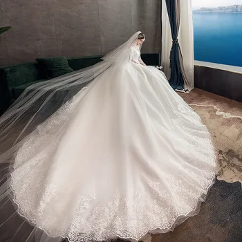 Luva Cheia De Vestidos De Noiva 2021 Laço De Luxo Novo Muçulmano Bola Vestido Vestido De Noiva Com Trem De Comprimento Feitos Vestido De Noiva