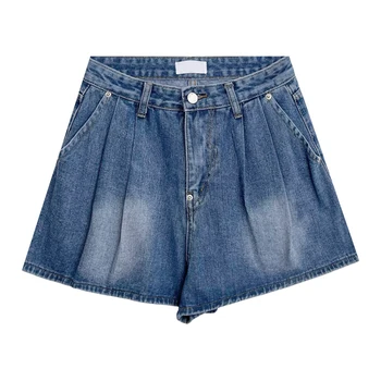 Retro lavado design plissado todos-jogo de cintura alta fina perna larga Uma linha de shorts jeans