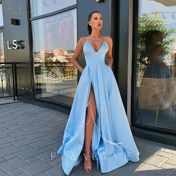 Cetim azul Prom Dress Sexy Profundo decote em V Mulheres Vestidos Formais Cintas de Espaguete Senhoras Vestidos Especiais para o Lado de Divisão Vestido de Noite