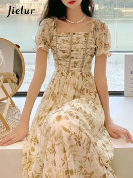Jielur França Estampa Floral Do Vestido Das Mulheres De Verão De Festa Elegante Midi Vestido Casual Puff Manga De Férias Da Senhora De Vestido Coreano 2022