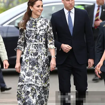 Moda Stand Colar Uma Linha De Vestidos Da Princesa Kate Rendas Bordados Mulheres Patchwork Vestido Estampado
