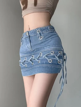 WeiYao coreano Moda Jeans Mini Saia das Mulheres Orifício da Cruz Curativo Bonito Y2K Streetwear Uma Linha de Saia Jeans, Com Shorts de Verão