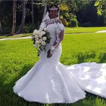 África Plus Size Sereia Vestidos De Noiva 2024, Com Gola Alta, Mangas Compridas Apliques De Renda Cristais De Vestidos De Noiva Vestidos