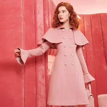 inverno, cor-de-rosa de Lã Mistura Jaquetas Europa Casaco Engrossar Feminino double breasted quente outwear mulher de casaco