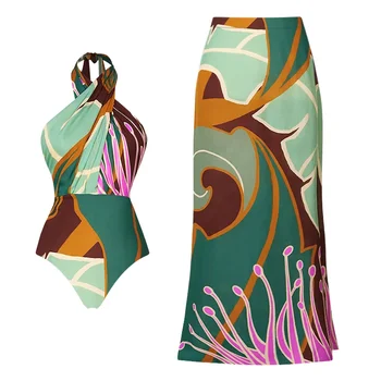 2024 Mulheres de maiô Halter Impresso Um Maiô e Saia de Verão Swimwear das Mulheres Beachwear maiô