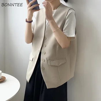 V-pescoço Coletes Mulheres Sólido Simples Breasted Único Bolsos Elegante Moda Confortável-jogo de Streetwear Estilo coreano Populares