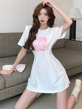 2023 Imprimir Branco De Manga Curta Mini Vestido De Verão, Moda Kawaii Vestido Curto Mulheres Coreano Elegante Bodycon Cintura Alta De Um Vestido De Linha