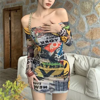 Shpmishal coreano Moda Impresso Malha de Uma Linha do Pescoço do Vestido para as Mulheres de Verão Novo Estilo de Cânhamo envolveu Vestido de Vestuário Feminino