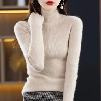 2023 Moda Cor Sólida Gola Mulheres Inverno Outono Blusas De Malha Cartilha Básica Pulôveres Coreano Camisola C164