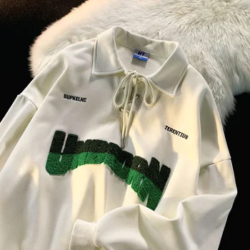 Hip Hop Verde Escuro Reunindo Bordado da Letra POLO Camisa de Moletom Solto e Casual de Inverno Pulôver de Harajuku Streetwear Alunos