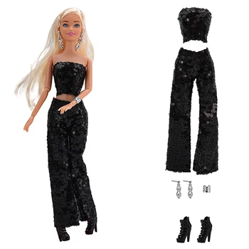 NK 1 Conjunto de Boneca boneca Bonito da fase brilhante vestido preto: top+calça+brinco+pulseiras+salto alto Para a Boneca Barbie BRINQUEDO acessórios