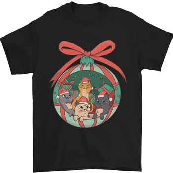 Engraçado Natal Gatos Bola De T-Shirt 100% Algodão