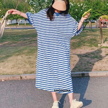 Verão Grande Size10XL 150kg Mulheres Listra Azul Vestido de O-Pescoço Curto Manga Solta Descontraído Dalian grande Vestido