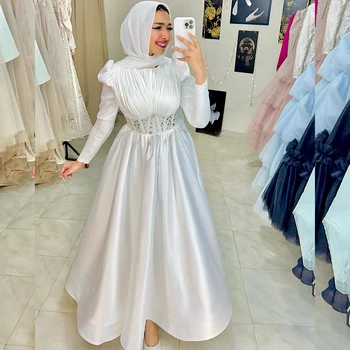 Muçulmano branco Vestidos de Noiva para Noiva, com Gola Alta, Mangas compridas Tornozelo Comprimento de Uma Linha de Cetim de Noiva Vestidos de vestes de mariée