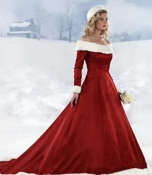 Inverno de Peles Vestidos de Noiva Quente Manga Longa Tribunal de Trem Off-a-ombro A Linha Vermelha escura Vestidos de Noiva Vestidos De Noiva 2021