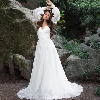 Lindo Vestido De Noiva Branco Mais Tamanho Espartilho De Volta Organza Puff Manga Longa Vestido De Noiva, Em 2022, Uma Linha De Grânulos De Cinto De Vestidos De Casamento