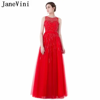 JaneVini Elegante Vermelho Longos Vestidos De Baile De Uma Linha De 2019 Luxo Sem Mangas Beading Tule Andar De Comprimento Mulheres Africanas Prom Vestido Formal