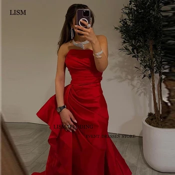 LISM Vermelho Vestidos de Noite Arábia árabe de Cetim sem Alças, Pregas Andar de Comprimento Vestido de Festa de Casamento Vestidos de Baile Ocasião Formal Vestido