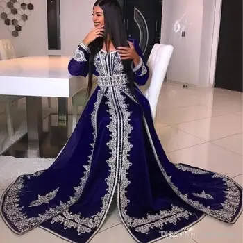 Azul Marroquino Kaftan Muçulmano Vestidos de Noite de Uma linha-V-pescoço com Mangas Longas Apliques de Dubai árabe Turquia Caftan Abaya Islâmica Vestido