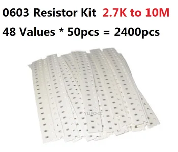 48 Valores*50pcs=2400pcs SMD 0603 Kit Resistor De 2,7 K Ohms-10M 5% de Resistência Sortidas Kit Conjunto de 10K, 18K, 22K 47K 51K 100K 1M