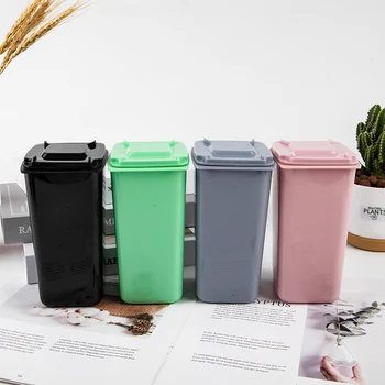 Mini Desktop Lixo Lixo Plástico Com Tampa Família Office Wheelie Organizador Tesoura Lápis De Armazenamento De Material De Escritório