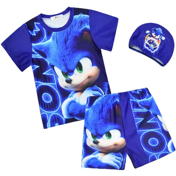 Sonic The Hedgehog para Crianças de Moda Casual Maiô de Manga Curta touca de Conjunto de Três Crianças, Roupas, Roupas de Frio Conjunto