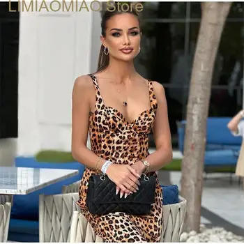 Verão de novo Leopard Vestido Escorregar Mulheres Sexy de Impressão com decote em V sem Mangas Femininas Vestidos Moda de Férias Cintura Alta Senhora Vestidos