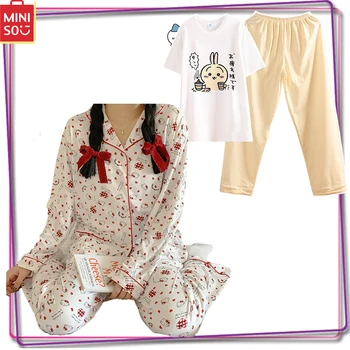 Novo Miniso Sanrio Hello Kitty Mulheres Homewear Impresso Pijama Conjunto de Y2K Ocasionais do Algodão de Manga comprida, Calças de Pijama de Presente de Natal