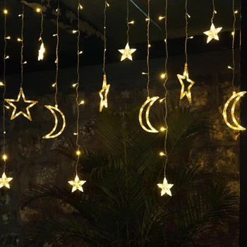 Eid Solar, Estrelas, Lua Cortina Lâmpada de Fadas Luzes de Natal, Enfeites para Casa, Jardim Exterior Janela do Quarto Decoração do Casamento