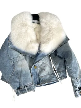 Cowboy casaco engrossado curto solta versão de emenda de cabelo projeto de colar quente e aconchegante 2023 inverno nova 1103