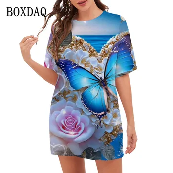 Venda quente 2023 Novos Vestidos de Verão Para as Mulheres Floral Impressão 3D Borboleta Vestido Curto de Manga Solta de grandes dimensões Casual Mini Roupas