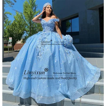Céu Azul Espartilho Vestido de baile Vestidos de Quinceanera Frisado Flores em 3D Princesa Doce 16 Meninas de Vestido de Aniversário de Vestidos de Vestido De 15 Anos