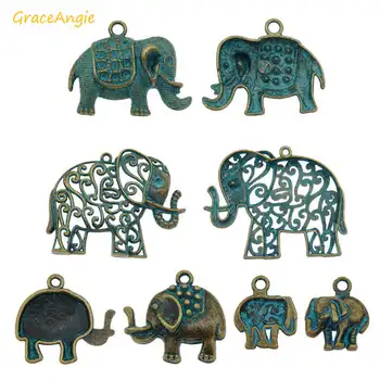 GraceAngie 8PCS Oco Pátina Elefante Pingente Antiqued Bronze Verde Encantos Pulseira Artesanal Chaveiro Colar Acessório